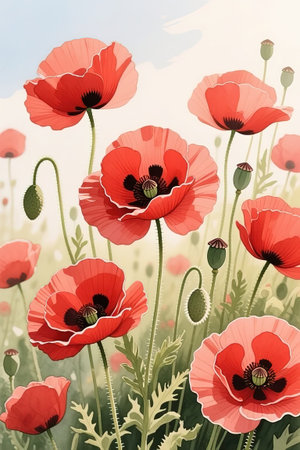 Watercolor illustration of wild poppy flowers. Red poppy flowers filed watercolor. Hand drawn illustration with detailed petals. Botanical painting for cards, wedding design.created with the help of artificial intelligence.の素材