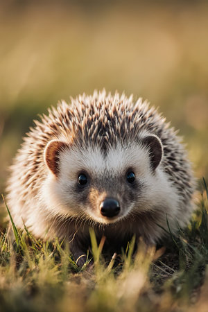 Hedgehog, wild, local, European hedgehog. Scientific name: Erinaceus europaeus. The hedgehog is sitting on the road and basking in the sun.created with the help of artificial intelligence.の素材
