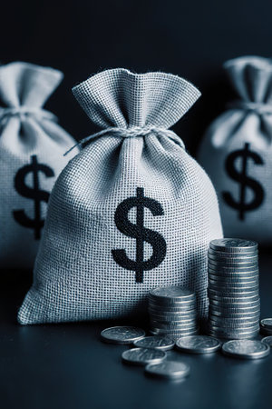 A bag of money in dollars.Money bag with dollar sign and stack of coins.Burlap bags with dollar signs.Bag from a sacking.created with the help of artificial intelligence.の素材
