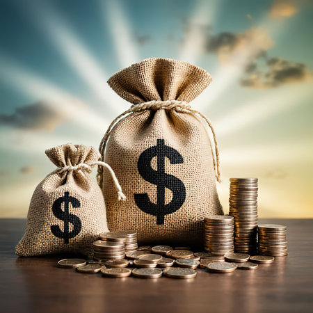 A bag of money in dollars.Money bag with dollar sign and stack of coins.Burlap bags with dollar signs.Bag from a sacking.created with the help of artificial intelligence.の素材