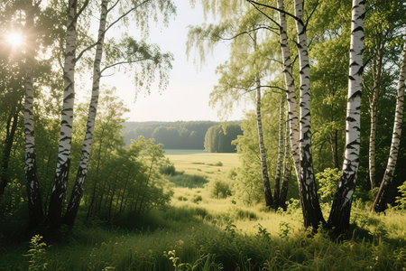 Birch thickets. Trees for a summer landscape. A view of nature. Flat design. Illustration.created with the help of artificial intelligence.の素材