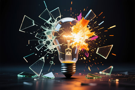 Exploding light bulb concept on dark background.Creative idea light bulb explodes with shards of glass against a dark background. Business, ideas and new thinking, concept. Think Different. Go beyond what is possible.created with the help of artificial intelligence.の素材