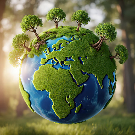 the Earth globe covered with green plants and trees symbolizing ecological balance.Cutting down of tree. Ecology concept. Stumps in the planet. 3d illustration.Green Earth, covered with grass.Earth globe covered with leaves with outlines of the continents.created with the help of artificial intelligence.の素材