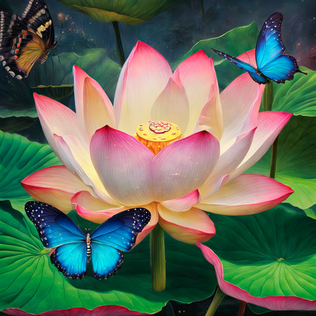 A beautiful pink lotus, a water plant with a reflection in a pond.Blossoming lotus flower -nelumbo nucifera- on red lotus.Fine art beautiful pink lotus flower in lake.closeup of a beautiful water liliy plant underwater in a pond on a rainy summer day, nature scene background concept with copy space for spa, garden and relaxation.created with the help of artificial intelligence.の素材