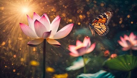 A beautiful pink lotus, a water plant with a reflection in a pond.Blossoming lotus flower -nelumbo nucifera- on red lotus.Fine art beautiful pink lotus flower in lake.closeup of a beautiful water liliy plant underwater in a pond on a rainy summer day, nature scene background concept with copy space for spa, garden and relaxation.created with the help of artificial intelligence.の素材