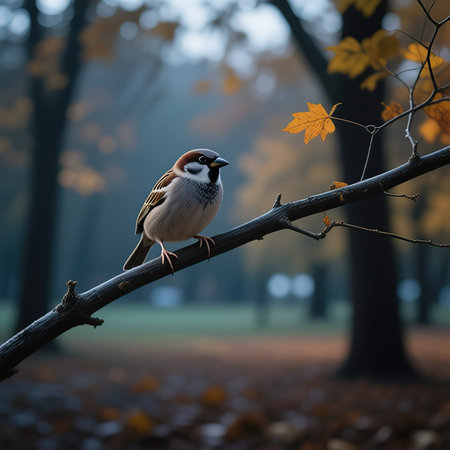 A sparrow sits on a twig in an autumn park.A sparrow sits on a leafless branch. A sparrow on a branch in autumn or winter.Sparrow sits on a branch without leaves.Sparrow sits on a fir branch in the sunset light.created with the help of artificial intelligence.の素材