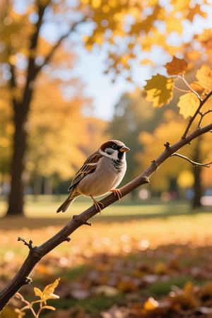 A sparrow sits on a twig in an autumn park.A sparrow sits on a leafless branch. A sparrow on a branch in autumn or winter.Sparrow sits on a branch without leaves.Sparrow sits on a fir branch in the sunset light.created with the help of artificial intelligence.の素材
