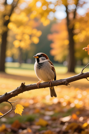 A sparrow sits on a twig in an autumn park.A sparrow sits on a leafless branch. A sparrow on a branch in autumn or winter.Sparrow sits on a branch without leaves.Sparrow sits on a fir branch in the sunset light.created with the help of artificial intelligence.の素材