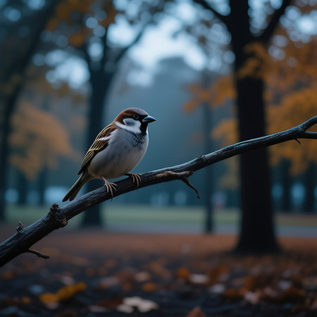 A sparrow sits on a twig in an autumn park.A sparrow sits on a leafless branch. A sparrow on a branch in autumn or winter.Sparrow sits on a branch without leaves.Sparrow sits on a fir branch in the sunset light.created with the help of artificial intelligence.の素材