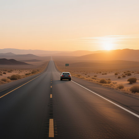 A road in the desert. The desire for freedom, the enjoyment of travel. An empty road. Freeway, highway through the desert.The road through the landscape. Road and car travel scenic and sunsets.Road travel concepts.Car travel adventures.created with the help of artificial intelligence.の素材