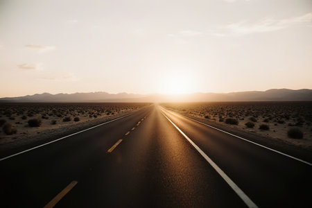 A road in the desert. The desire for freedom, the enjoyment of travel. An empty road. Freeway, highway through the desert.The road through the landscape. Road and car travel scenic and sunsets.Road travel concepts.Car travel adventures.created with the help of artificial intelligence.の素材