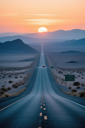 A road in the desert. The desire for freedom, the enjoyment of travel. An empty road. Freeway, highway through the desert.The road through the landscape. Road and car travel scenic and sunsets.Road travel concepts.Car travel adventures.created with the help of artificial intelligence.の素材
