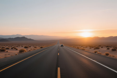 A road in the desert. The desire for freedom, the enjoyment of travel. An empty road. Freeway, highway through the desert.The road through the landscape. Road and car travel scenic and sunsets.Road travel concepts.Car travel adventures.created with the help of artificial intelligence.の素材