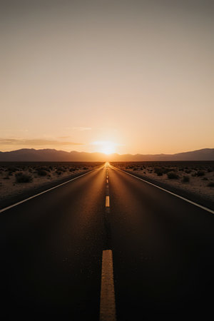 A road in the desert. The desire for freedom, the enjoyment of travel. An empty road. Freeway, highway through the desert.The road through the landscape. Road and car travel scenic and sunsets.Road travel concepts.Car travel adventures.created with the help of artificial intelligence.の素材