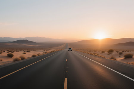A road in the desert. The desire for freedom, the enjoyment of travel. An empty road. Freeway, highway through the desert.The road through the landscape. Road and car travel scenic and sunsets.Road travel concepts.Car travel adventures.created with the help of artificial intelligence.の素材