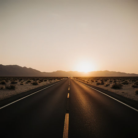 A road in the desert. The desire for freedom, the enjoyment of travel. An empty road. Freeway, highway through the desert.The road through the landscape. Road and car travel scenic and sunsets.Road travel concepts.Car travel adventures.created with the help of artificial intelligence.の素材