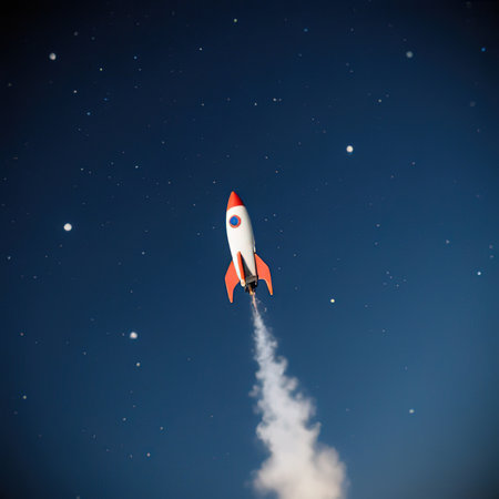 Vibrant Rocket Ship Soaring through the Starry Sky. A bright and playful illustration with space-themed elements in a naive cartoon style.created with the help of artificial intelligence.の素材