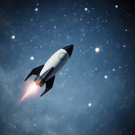 Vibrant Rocket Ship Soaring through the Starry Sky. A bright and playful illustration with space-themed elements in a naive cartoon style.created with the help of artificial intelligence.の素材