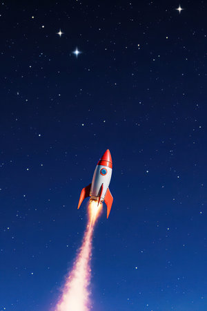 Vibrant Rocket Ship Soaring through the Starry Sky. A bright and playful illustration with space-themed elements in a naive cartoon style.created with the help of artificial intelligence.の素材