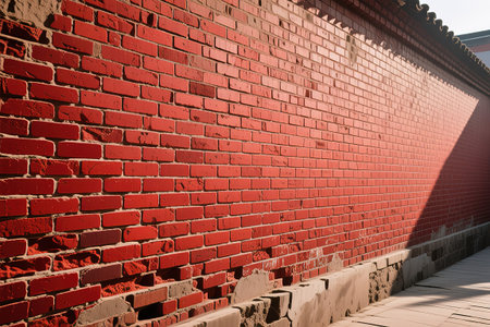Wide angle Vintage Red brick wall Background.Large Old Red Brick Wall Background. Wide Angle Vintage Brick Texture. Panoramic Web banner or Wallpaper With Copy Space.Big old red brick wall background. Vintage brick wall textures.created with the help of artificial intelligence.の素材