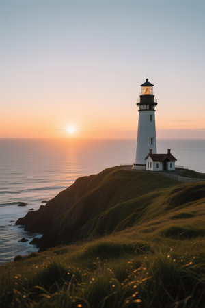 A beautiful lighthouse overlooking the ocean.A beautiful sunset forms as the sun set below the horizon of the ocean with a lighthouse overlooking the grassy headlands of the coastline.created with the help of artificial intelligence.の素材