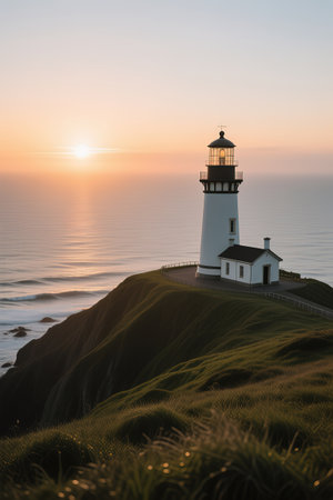 A beautiful lighthouse overlooking the ocean.A beautiful sunset forms as the sun set below the horizon of the ocean with a lighthouse overlooking the grassy headlands of the coastline.created with the help of artificial intelligence.の素材