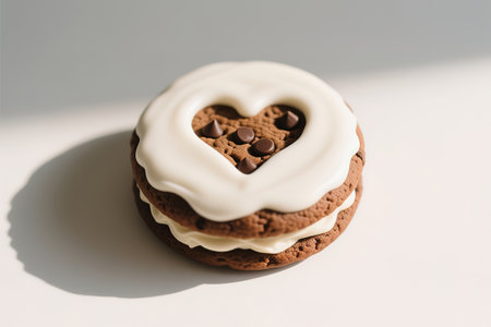 chocolate chip cookies with cream inside.Chocolate sandwich cookies with vanilla cream inside on a white background.One round chocolate chip cookie covered with white icing, with a heart cut out inside, isolated on a white background.Top view. High quality photo.created with the help of artificial intelligence.の素材