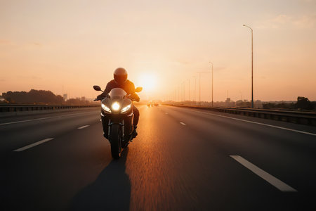 A motorcyclist on a sports bike rides on the freeway.Motorcyclist riding alone on an asphalt motorway, speeding along an empty road. The bike moves swiftly down the freeway against the backdrop of a vibrant sunset.created with the help of artificial intelligence.の素材
