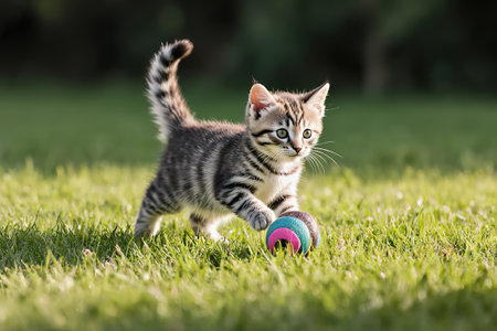 A playful tiny striped kitten runs on the grass outdoors in the sunlight.A playful tiny striped kitten is playing with a ball on a green lawn.created with the help of artificial intelligence.の素材