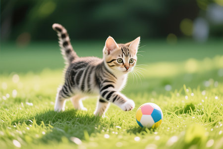 A playful tiny striped kitten runs on the grass outdoors in the sunlight.A playful tiny striped kitten is playing with a ball on a green lawn.created with the help of artificial intelligence.の素材