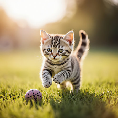 A playful tiny striped kitten runs on the grass outdoors in the sunlight.A playful tiny striped kitten is playing with a ball on a green lawn.created with the help of artificial intelligence.の素材