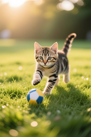 A playful tiny striped kitten runs on the grass outdoors in the sunlight.A playful tiny striped kitten is playing with a ball on a green lawn.created with the help of artificial intelligence.の素材