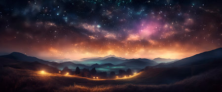 Beautiful night sky with stars shining above the moon, transparent from clouds.backgrounds of the night sky with stars and moon and clouds.Image of glowing lights over night sky with stars. colour, movement and energy background concept, digitally generated image.created with the help of artificial intelligence.の素材