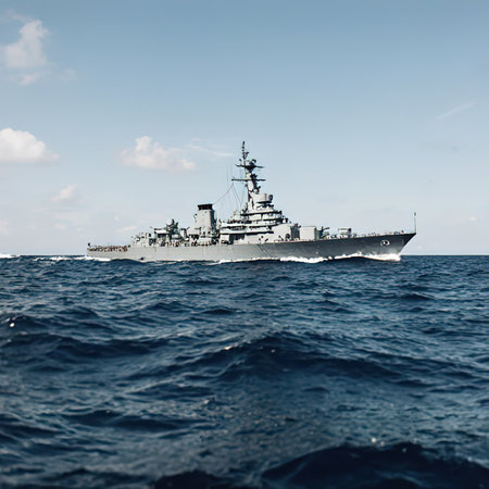A warship sails on the sea.Battleship war ship corvette with helicopter on deck performing military exercises in the Baltic Sea. Warship boat carrying helicopter sailing in beautiful blue sea. Military warship.View of a warship, battleship, warhead, warship, stable and equipped with weapons systems, including weapons on amphibious transports. auxiliary warship. Naval transport.created with the help of artificial intelligence.の素材