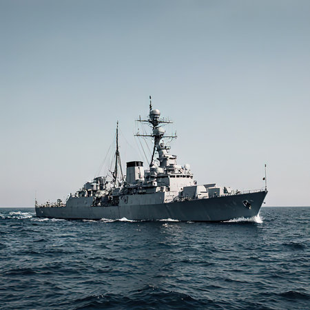 A warship sails on the sea.Battleship war ship corvette with helicopter on deck performing military exercises in the Baltic Sea. Warship boat carrying helicopter sailing in beautiful blue sea. Military warship.View of a warship, battleship, warhead, warship, stable and equipped with weapons systems, including weapons on amphibious transports. auxiliary warship. Naval transport.created with the help of artificial intelligence.の素材