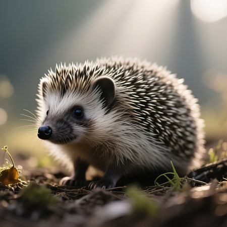 Hedgehog, wild, local, European hedgehog. Scientific name: Erinaceus europaeus. The hedgehog is sitting on the road and basking in the sun.created with the help of artificial intelligence.の素材