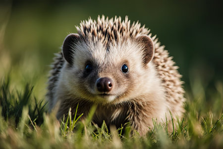 Hedgehog, wild, local, European hedgehog. Scientific name: Erinaceus europaeus. The hedgehog is sitting on the road and basking in the sun.created with the help of artificial intelligence.の素材