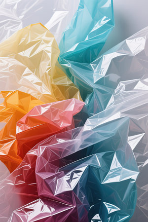 Colorful crumpled plastic textures in abstract pat.The texture of the background made of polyethylene, plastic, plastic film, transparent stretched background.created with the help of artificial intelligence.の素材