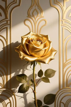 Golden rose flower art deco wallpaper background. Floral line art background design for luxury elegant pattern interior design, vector art, fashionable textile patterns.image. 3d.created with the help of artificial intelligence.の素材