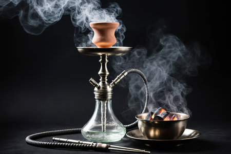 hookah close-up with smoke on a background.Hookah with a glass flask and a metal bowl shisha no smoke.Bowl of hookah with kaloud lotus, saucer and tongs, smoke around.a bowl of hookah coals in the smoke.created with the help of artificial intelligence.の素材