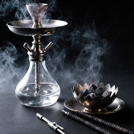 hookah close-up with smoke on a background.Hookah with a glass flask and a metal bowl shisha no smoke.Bowl of hookah with kaloud lotus, saucer and tongs, smoke around.a bowl of hookah coals in the smoke.created with the help of artificial intelligence.の素材