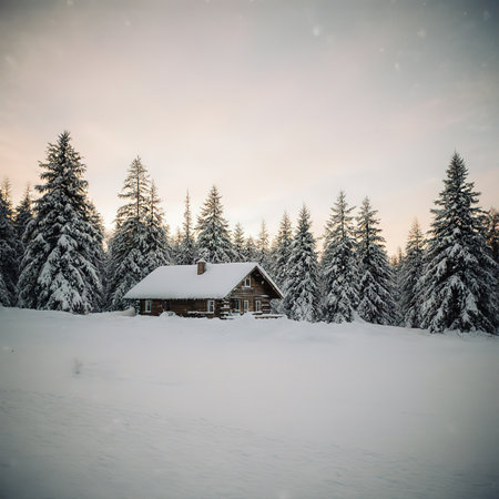 A winter landscape with a snow-covered house, fir trees and the sky. Panoramic snow-covered natural scene. The house is in the snow.created with the help of artificial intelligence.の素材
