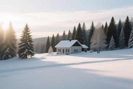 A winter landscape with a snow-covered house, fir trees and the sky. Panoramic snow-covered natural scene. The house is in the snow.created with the help of artificial intelligence.の素材