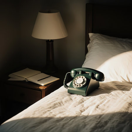 The retro phone is on the bedside table, and there's a notebook next to it.vintage landline phone in bedroom.Vintage phone on old wooden table.old phone next to contact book on table.の素材