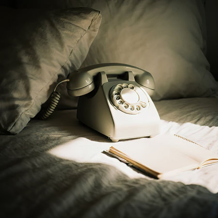 The retro phone is on the bedside table, and there's a notebook next to it.vintage landline phone in bedroom.Vintage phone on old wooden table.old phone next to contact book on table.の素材