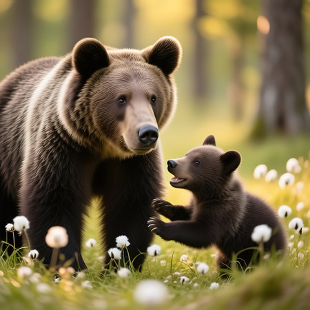 European brown bear in forest at summer.Close up of an Eurasian Brown bear in a forest.Eurasian brown bear (ursus arctos arctos) cubs playing in cotton grass meadow.created with the help of artificial intelligence.の素材