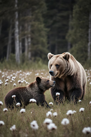European brown bear in forest at summer.Close up of an Eurasian Brown bear in a forest.Eurasian brown bear (ursus arctos arctos) cubs playing in cotton grass meadow.created with the help of artificial intelligence.の素材