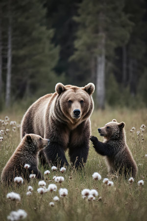 European brown bear in forest at summer.Close up of an Eurasian Brown bear in a forest.Eurasian brown bear (ursus arctos arctos) cubs playing in cotton grass meadow.created with the help of artificial intelligence.の素材