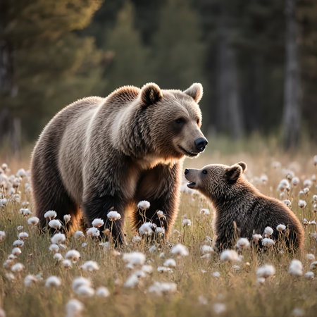 European brown bear in forest at summer.Close up of an Eurasian Brown bear in a forest.Eurasian brown bear (ursus arctos arctos) cubs playing in cotton grass meadow.created with the help of artificial intelligence.の素材
