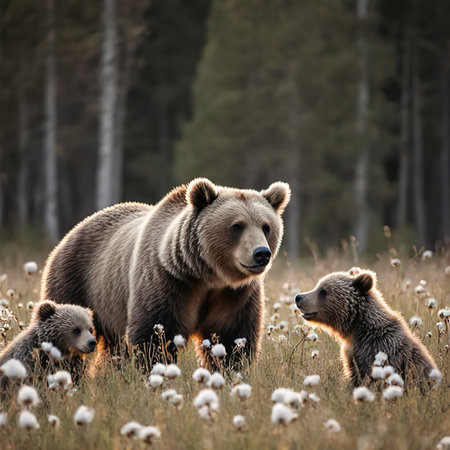 European brown bear in forest at summer.Close up of an Eurasian Brown bear in a forest.Eurasian brown bear (ursus arctos arctos) cubs playing in cotton grass meadow.created with the help of artificial intelligence.の素材